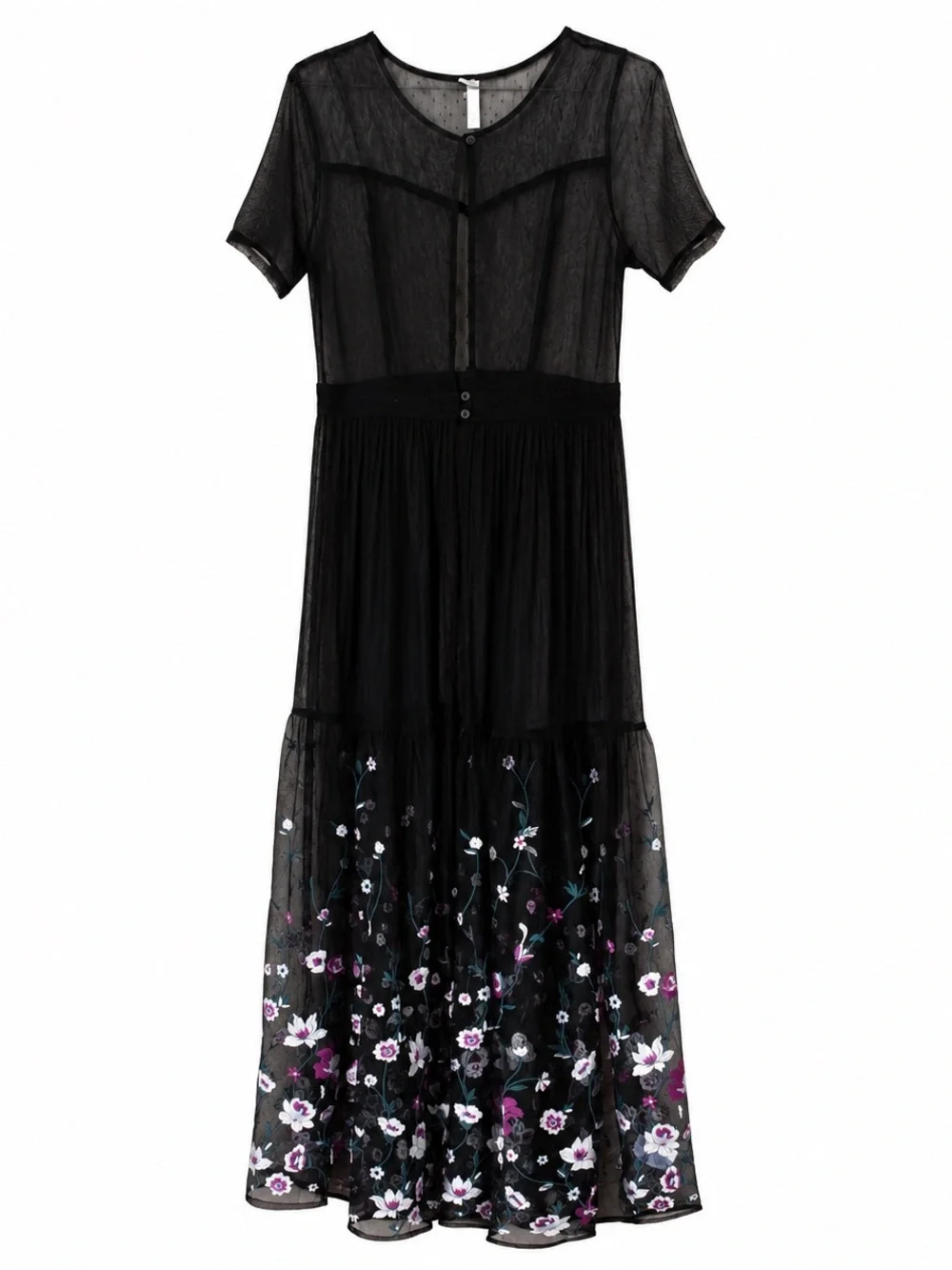 Black Floral Mesh Maxi Dress Size Large Sheer Embroidered Overlay Kimono Style
